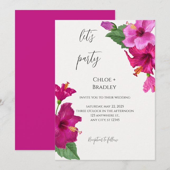 Tropical Colourful  Pink Floral Hibiscus Wedding  Invitation (Front/Back)