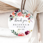 Tropical Colourful Summer Thank You Wedding Favour Classic Round Sticker<br><div class="desc">This tropical colourful summer thank you wedding favour classic round sticker is perfect for a modern wedding. The design features illustrated white, pink, blush, burgundy and purple elegant flowers arranged into beautiful bouquets with green foliage. Make the sticker labels your own by including your names, the event (if applicable), and...</div>