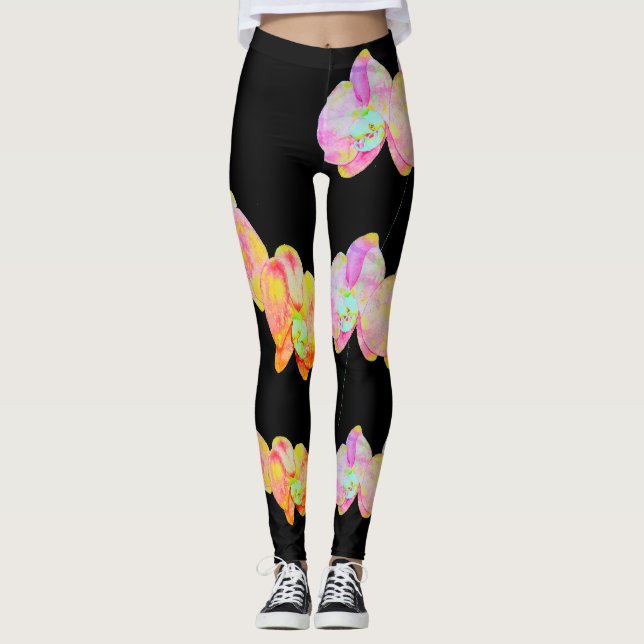 Tropical colourful watercolor orchids  leggings (Front)