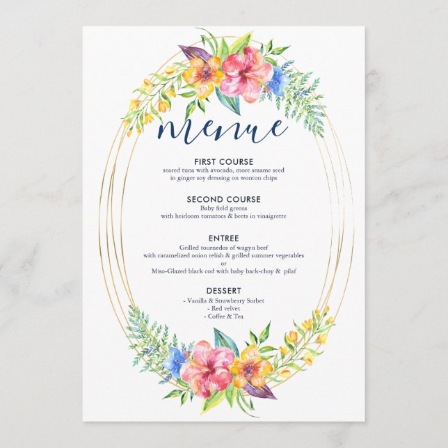 Tropical colours flowers bouquet gold frame menu (Front)