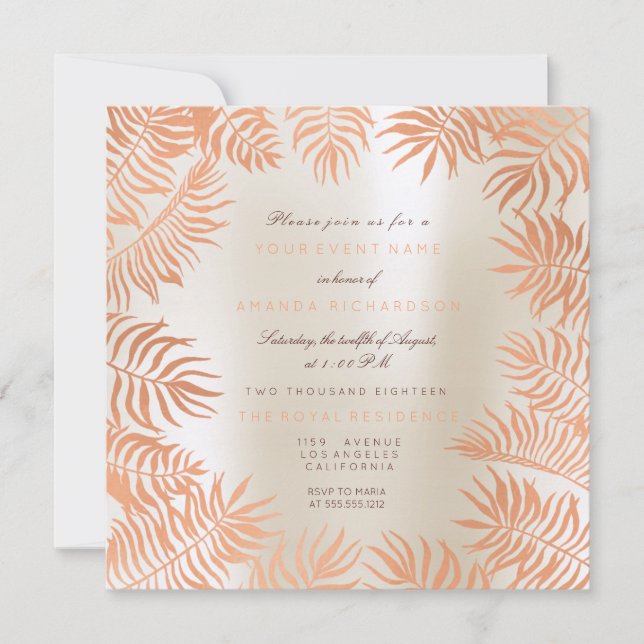 Tropical Copper Ivory Palm Leafs Frame Fern Invitation (Front)