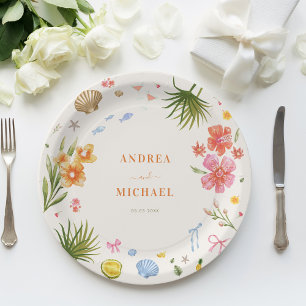 Tropical Coquette Seashells Bows Palm Tree Wedding Paper Plate