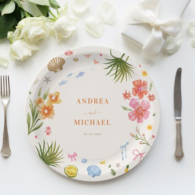 Tropical Coquette Seashells Bows Palm Tree Wedding Paper Plate (Creator Uploaded)