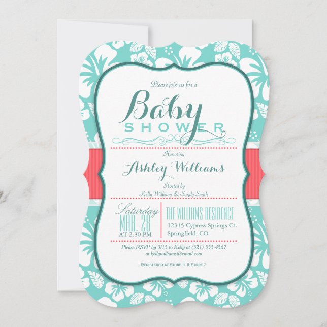 Tropical Coral & Aqua Pattern; Elegant Baby Shower Invitation (Front)