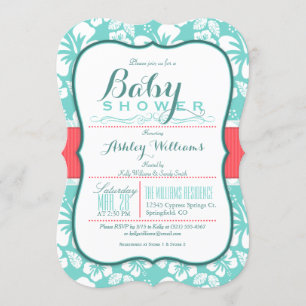 Tropical Coral & Aqua Pattern; Elegant Baby Shower Invitation