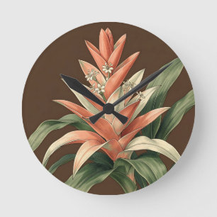 Tropical Coral Bromeliad Botanical  Round Clock