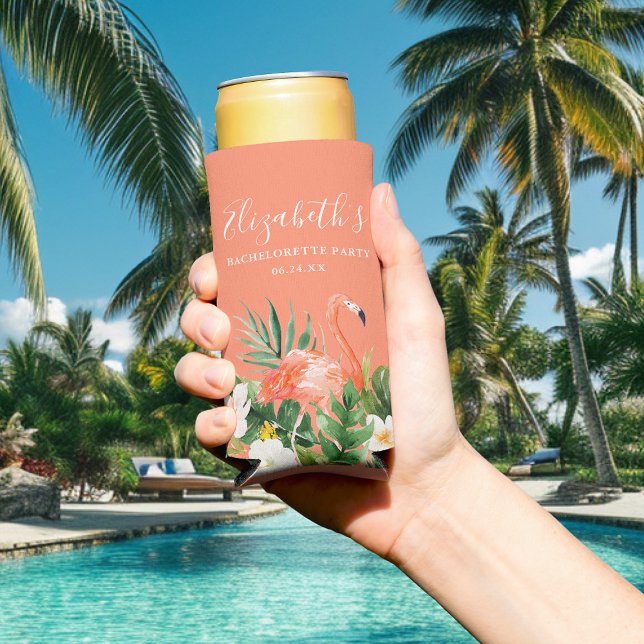 Tropical Coral Floral Bachelorette Party Seltzer Can Cooler (Customize to change text size or text style.)