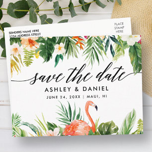Tropical Coral Floral Calligraphy Save The Date Postcard