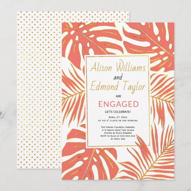 Tropical coral, gold leaves engagement party invitation (Front/Back)
