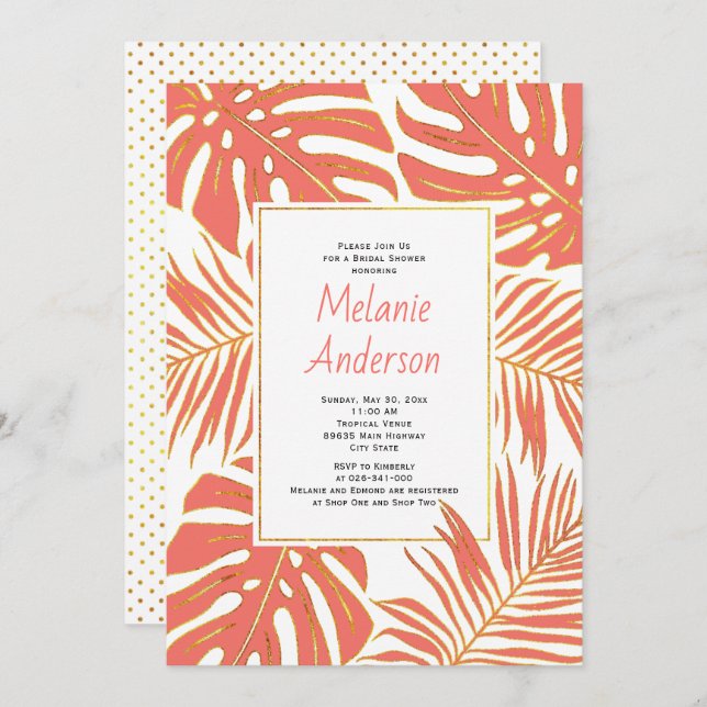 Tropical coral leaves wedding bridal shower invitation (Front/Back)