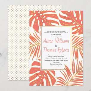 Tropical coral monstera and palm leaves wedding invitation