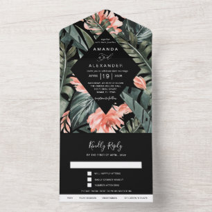 Tropical Coral   Monstera Palm Black Wedding All In One Invitation