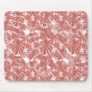 Tropical Coral Monstera Palm Leaves Pattern Mouse Mat