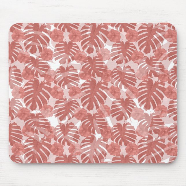 Tropical Coral Monstera Palm Leaves Pattern Mouse Mat (Front)