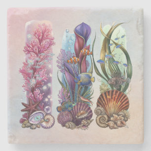 Tropical Coral Reef Marine Life Watercolor Art Stone Coaster