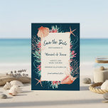 Tropical Coral Reef | Navy Blue Beach Seashells Save The Date<br><div class="desc">Nautical, "Under the Sea" theme wedding Save the Date card features a watercolor coral reef and seashells (starfish, conch and scallop shells) in shades of aqua blue, mint, coral, and pink on a deep navy blue background. Coordinates with my "Tropical Reef" collection and is perfect for beach, ocean, nautical, coastal,...</div>