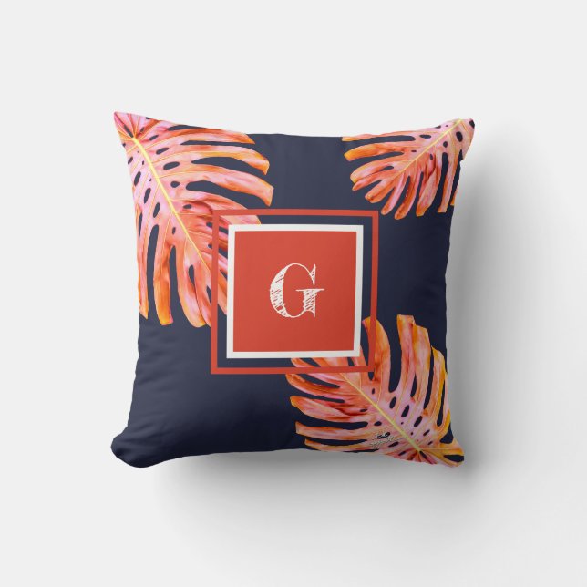 Tropical Coral Rose Gold Orange Navy Blue Leaves Cushion (Front)