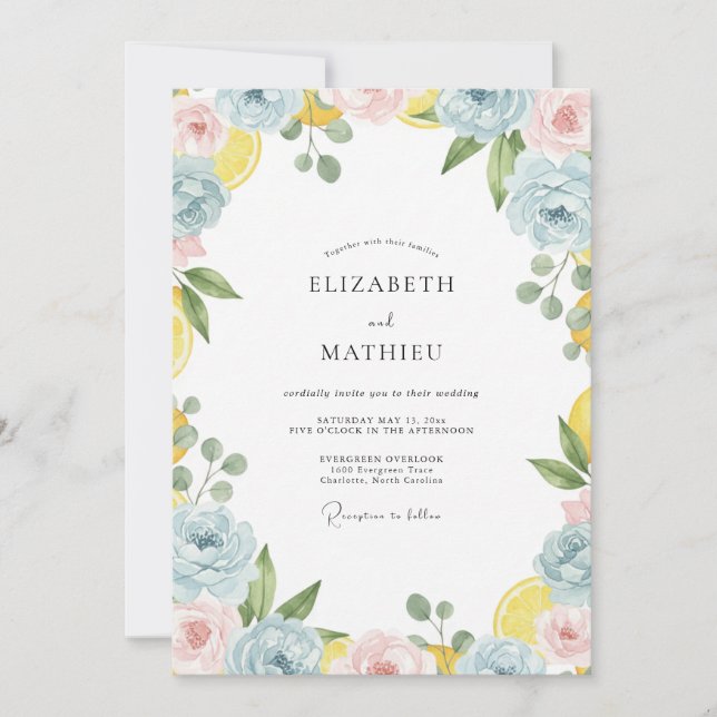 Tropical Cornflower Lemon Wreath Wedding Invitation (Front)