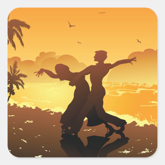 Tropical Couple Dancing at Sunset Beach Square Sticker (Front)