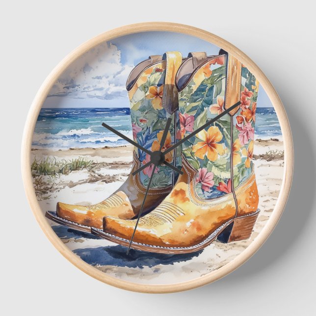Tropical Cowgirl Boots Western Meets Island Vibes Clock (Front)