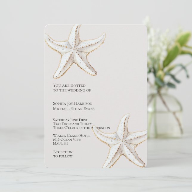 Tropical Cream Gold White Starfish Beach Wedding Invitation (Standing Front)