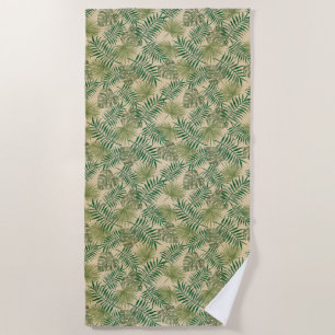 Tropical Cream Green Leaves Beach Towel