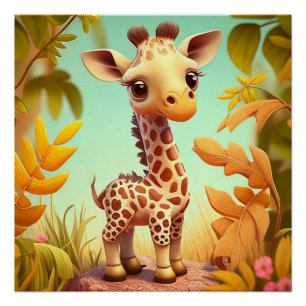 Tropical Cute Baby Giraffe Cartoon  Poster