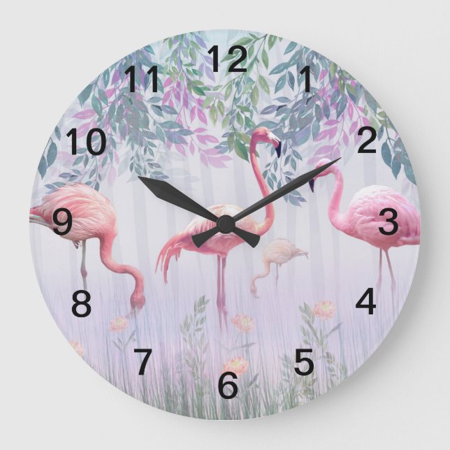 Tropical Cute Family Pink Flamingos Large Clock (Front)