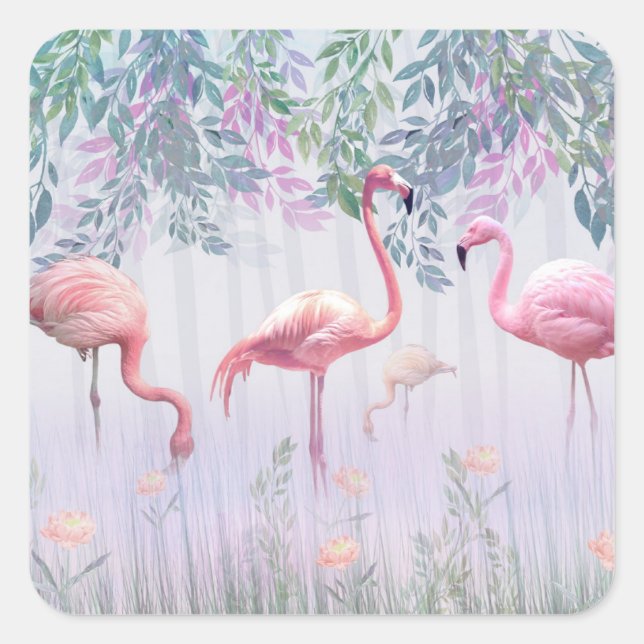 Tropical Cute Family Pink Flamingos Square Sticker (Front)