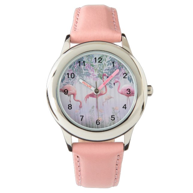 Tropical Cute Family Pink Flamingos Watch (Front)