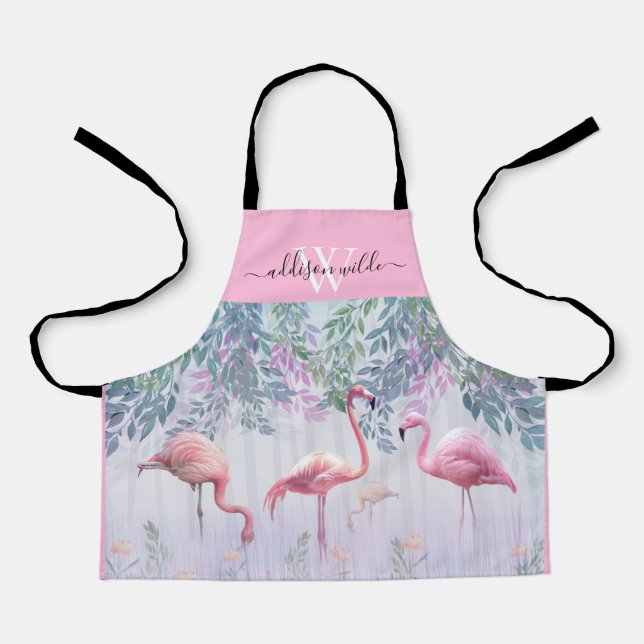 Tropical Cute Family Pink Flamingos  Watercolor.   Apron (Front)