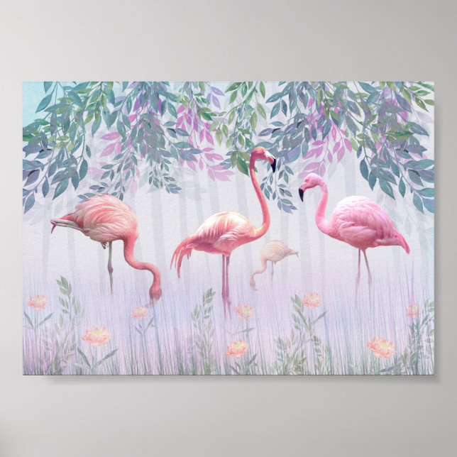 Tropical Cute Family Pink Flamingos  Watercolor.   Poster (Front)