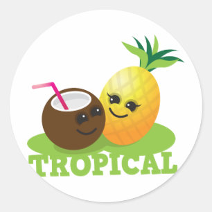TROPICAL cute Kawaii Coconut and pineapple Classic Round Sticker