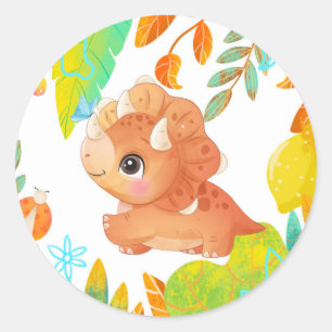 Tropical Cute Orange Dinosaur Baby Shower Classic Round Sticker