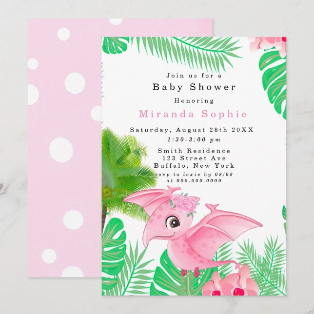 Tropical Cute Pink Dinosaur Baby Girl Shower  Invitation (Front/Back)