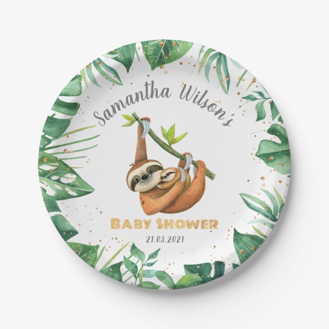 Tropical Cute Sloth Baby Shower  Paper Plate (Front)