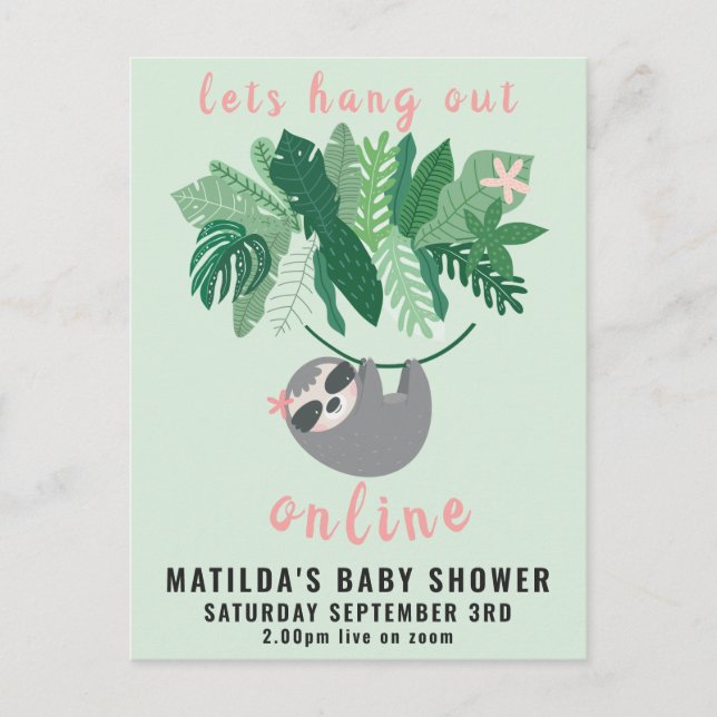 Tropical cute sloth hang out online baby shower postcard (Front)