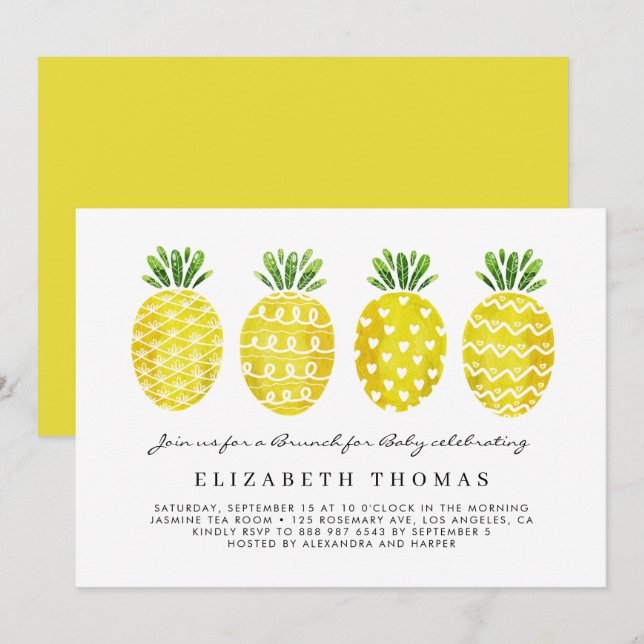 Tropical Cute Watercolor Pineapples Baby Brunch Invitation (Front/Back)
