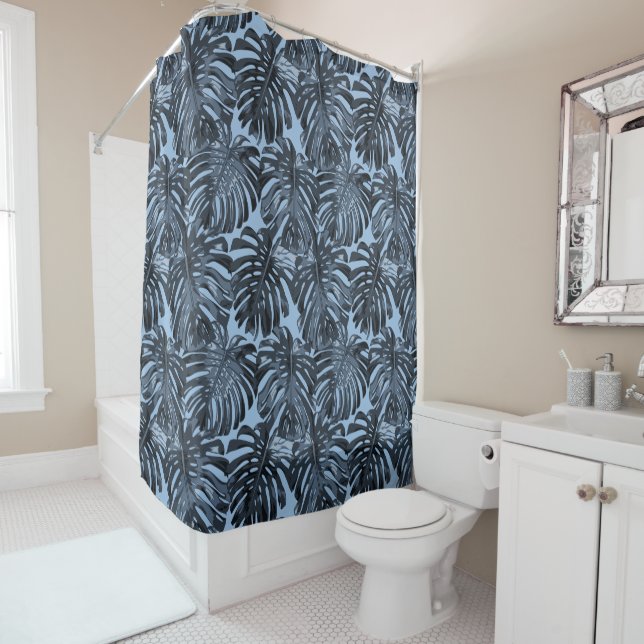 Tropical Dark Blue Black Jungle Leaves Shower Curtain (In Situ)