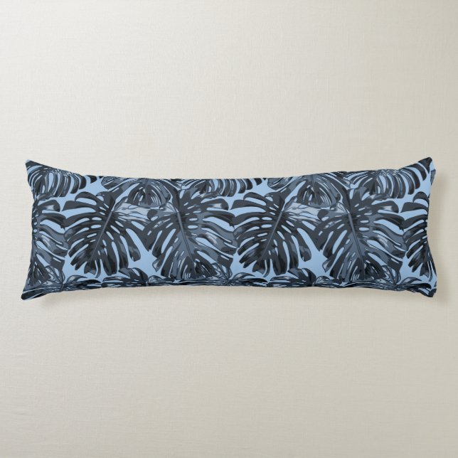 Tropical Dark Blue Gray Monstera Jungle Leaves Body Cushion (Front)
