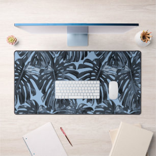 Tropical Dark Blue Monstera Jungle Leaves  Desk Mat