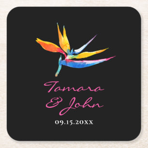 Tropical Dark Floral Bird of Paradise Wedding Square Paper Coaster
