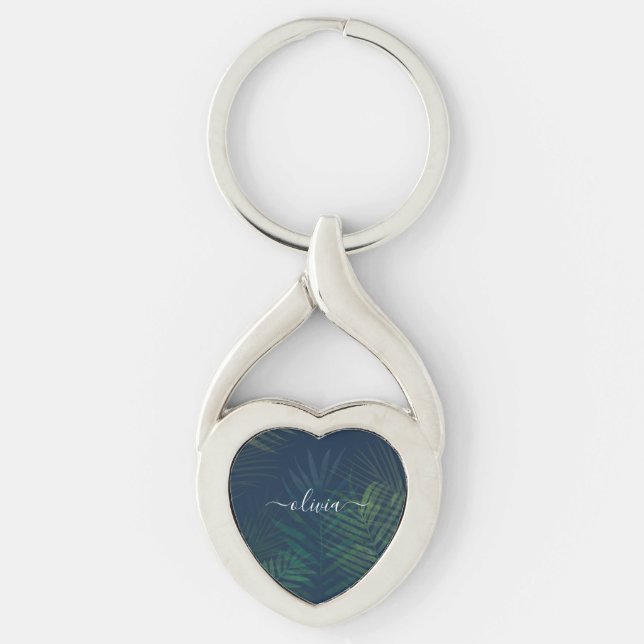 Tropical Dark Green Palm Leaves Keychain – Nature (Front)