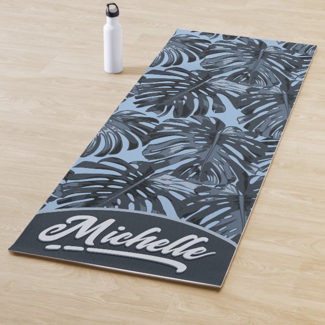 Tropical Dark Grey Blue Jungle Leaves Name Yoga Mat (In Situ)
