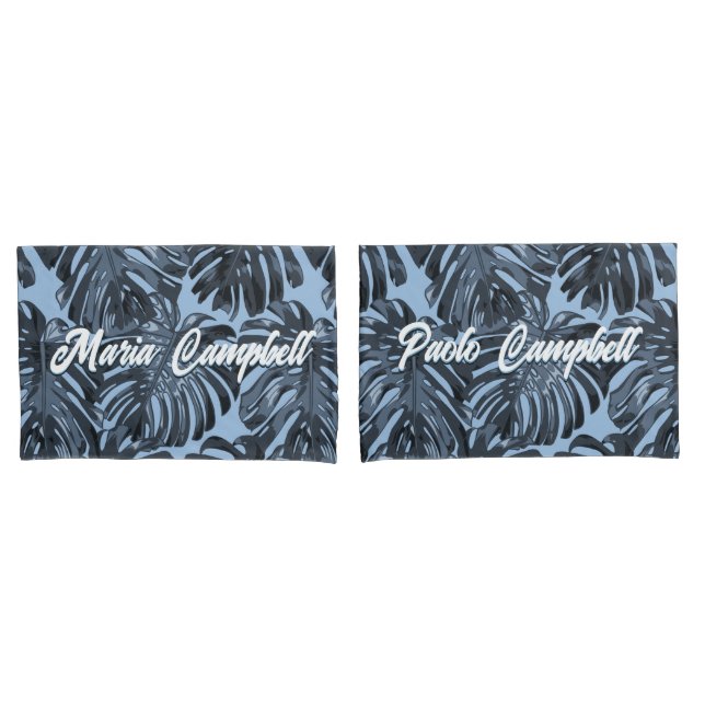 Tropical Dark Grey Blue Leaves Couple Names Pillowcase (Front-Set)