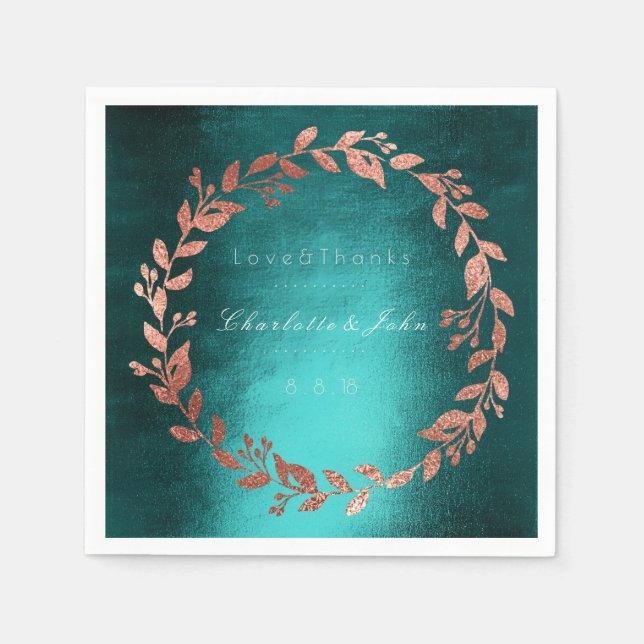 Tropical Deep Green Gold Pink Brush Teal Wedding Napkin (Front)