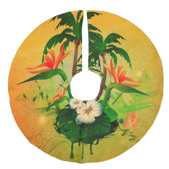 Tropical design with flowers and palm trees faux linen tree skirt (Front)