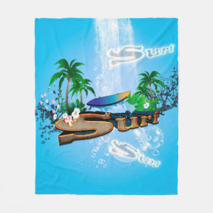 Tropical design with surfboard, palm and flowers fleece blanket