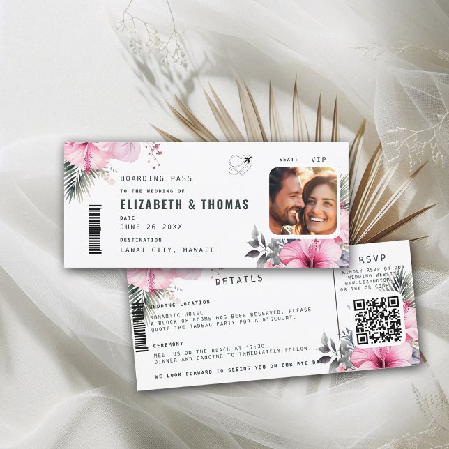 Tropical Destination Boarding Pass Floral Wedding Invitation (destination wedding invitation tropical hawaii boarding pass hibiscus floral pink watercolor)