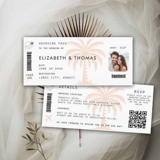 Tropical Destination Boarding Pink Palm QR Wedding Invitation (destination wedding invitation tropical hawaii boarding pass botanical palm tree peach pink simple)